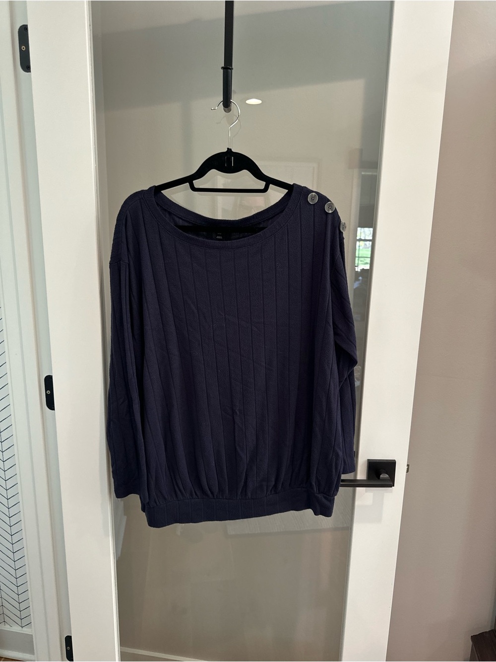 Lane Bryant Navy Ribbed Crewneck Top with Button Shoulder Detail
